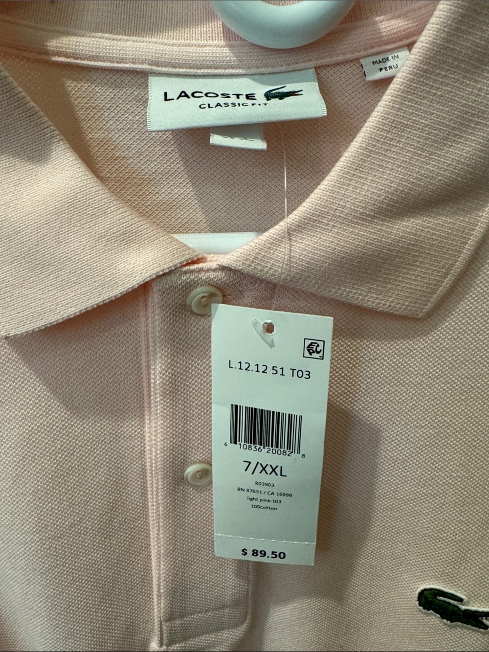 Lacoste Men’s Light Pink Pique Polo with Green Crocodile - Picture 2 of 3